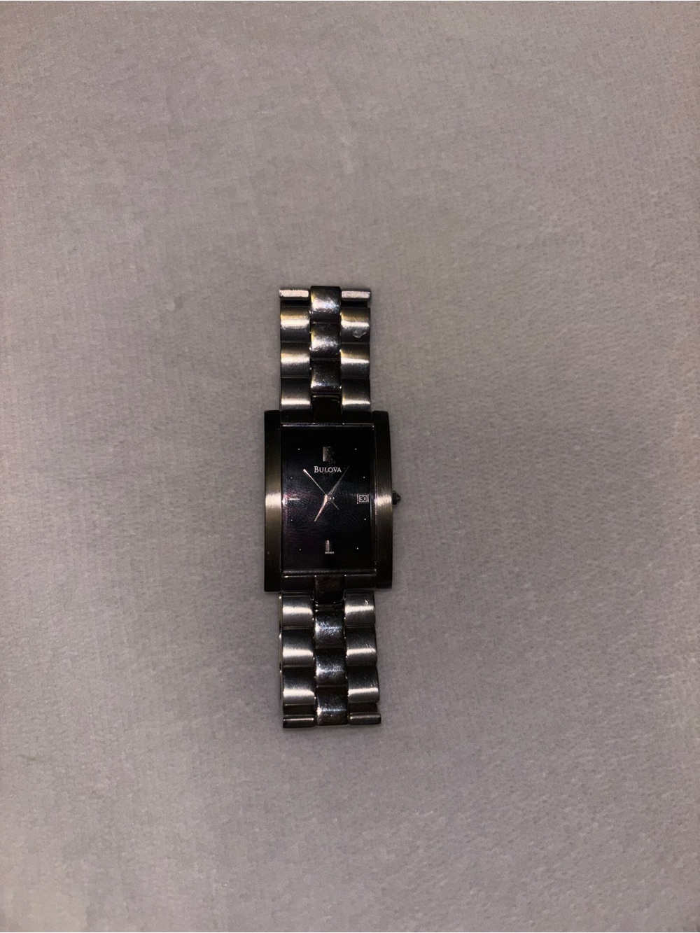 Bulova Men's Black and Silver Stainless Steel Rectangular Watch